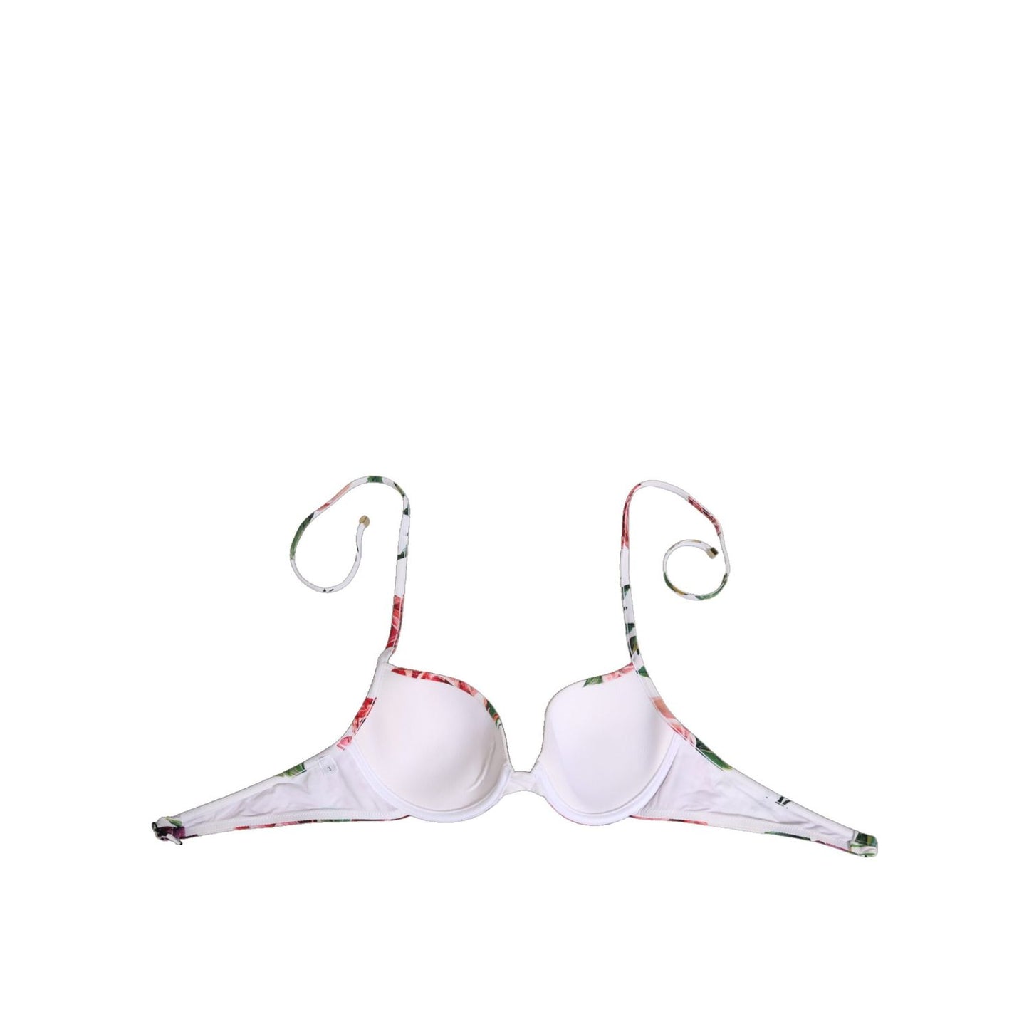 Dolce & Gabbana White Floral Print Halter Bikini Top Swimwear with adjustable ties and floral design on a white base.