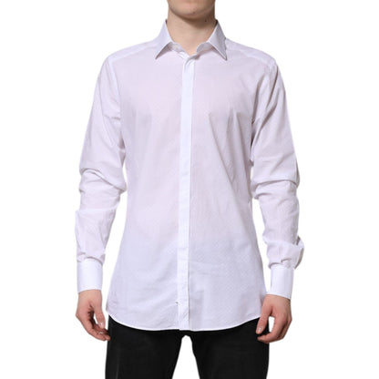Dolce & Gabbana White GOLD Cotton Long Sleeves Formal Shirt with classic neck and button closure. Made in Italy. Slim fit design.