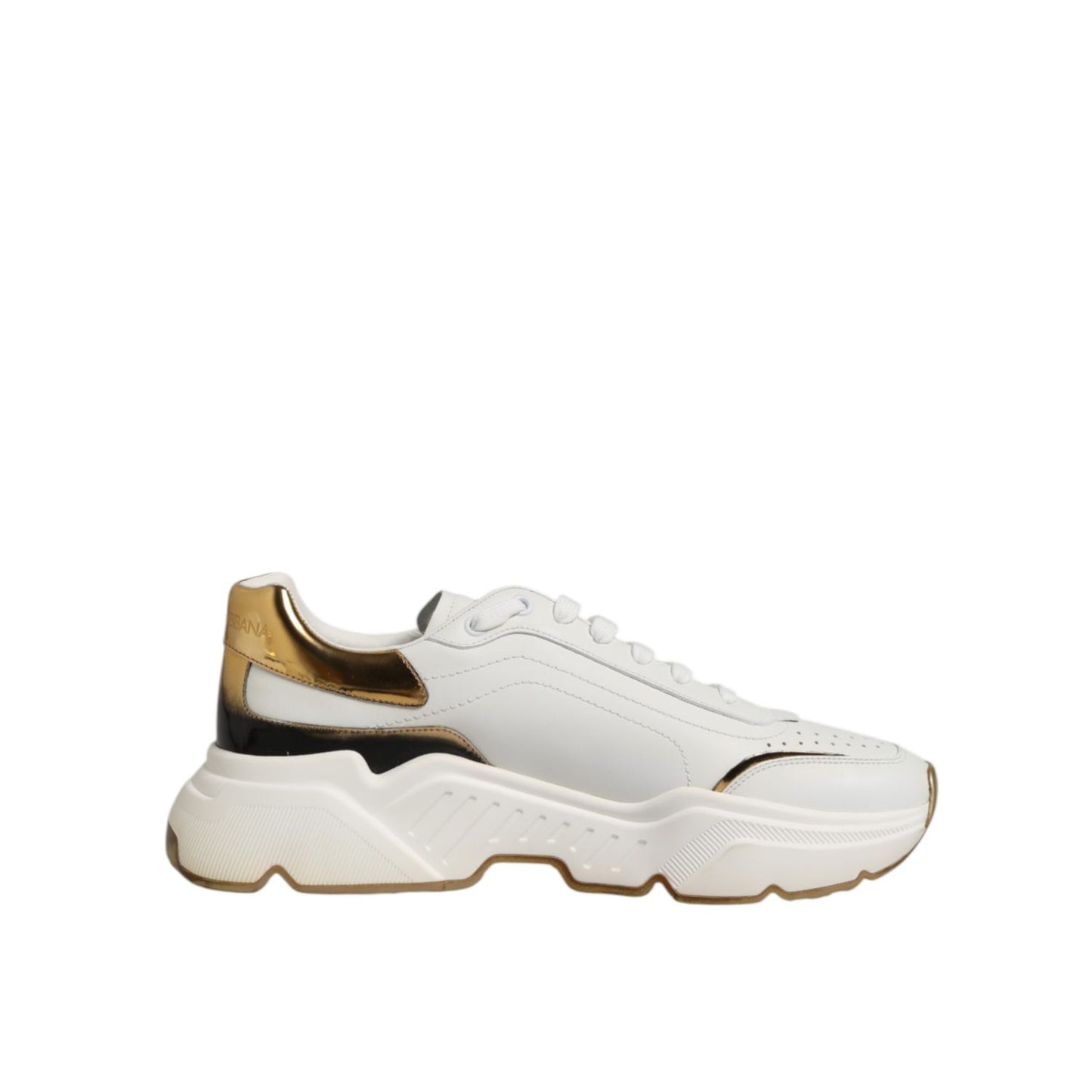 Dolce & Gabbana White Gold Daymaster Low Top Sneakers Shoes with chunky silhouette and gold accents.