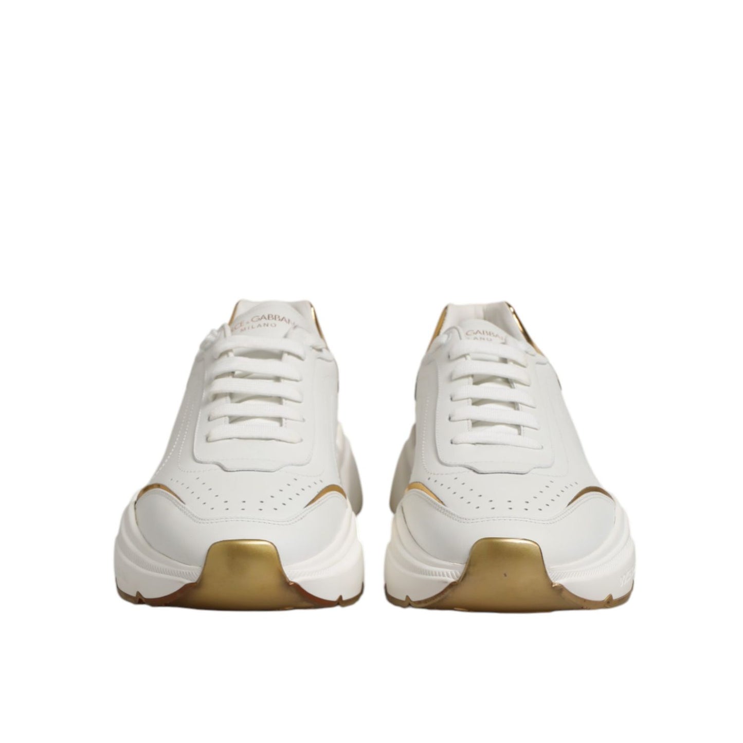 Front view of Dolce & Gabbana White Gold Daymaster Low Top Sneakers Shoes with white leather and gold accents, showcasing sporty style.