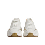 Front view of Dolce & Gabbana White Gold Daymaster Low Top Sneakers Shoes with white leather and gold accents, showcasing sporty style.