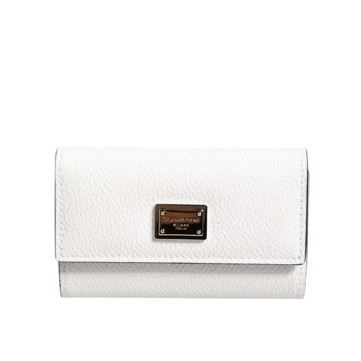 Dolce & Gabbana White Leather Card Case Holder Wallet Gold Logo Plate Key Holder with snap closure and textured leather finish.