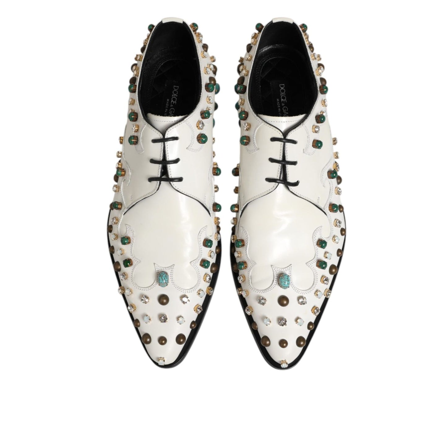 Dolce & Gabbana White Leather Crystals Embellished Derby Shoes