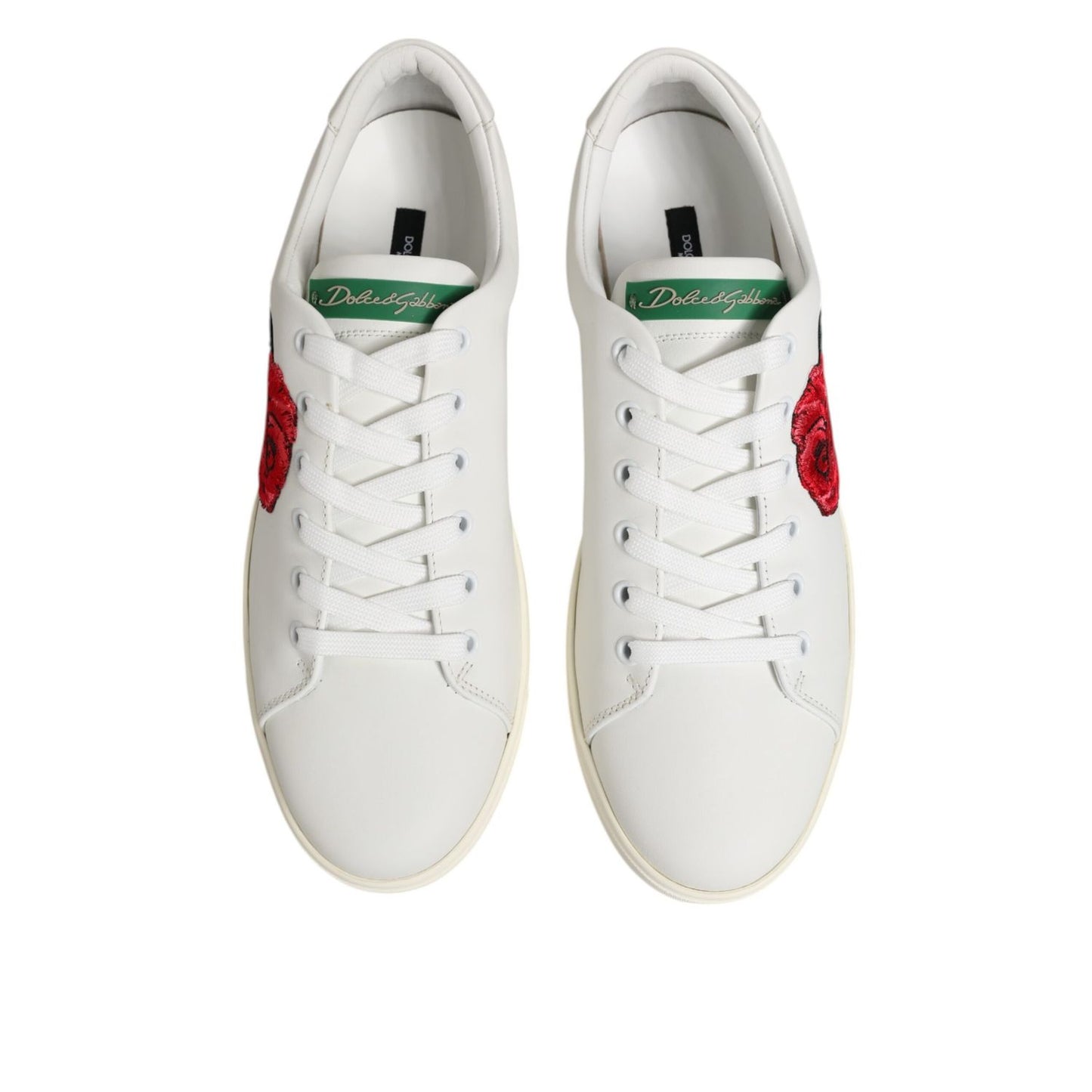 Dolce & Gabbana White Leather Rose Embroidery Low-Top Shoes