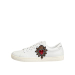 Dolce & Gabbana White Leather Sacre Heart Patch Sneakers Shoes with heart embroidery, low top design, lace-up closure.