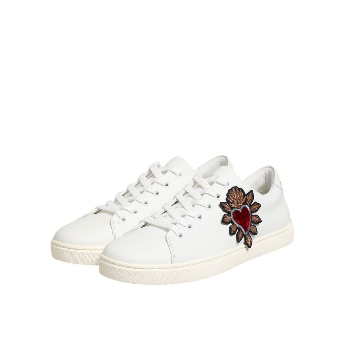 Dolce & Gabbana White Leather Sacre Heart Patch Sneakers Shoes with embroidered heart design, white calf leather, low-top lace-up style.
