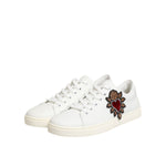 Dolce & Gabbana White Leather Sacre Heart Patch Sneakers Shoes with embroidered heart design, white calf leather, low-top lace-up style.