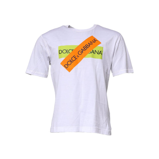 Dolce & Gabbana White Logo Tape Cotton Crew Neck T-shirt with bold logo print, short sleeves, 100% cotton, regular fit, made in Italy.