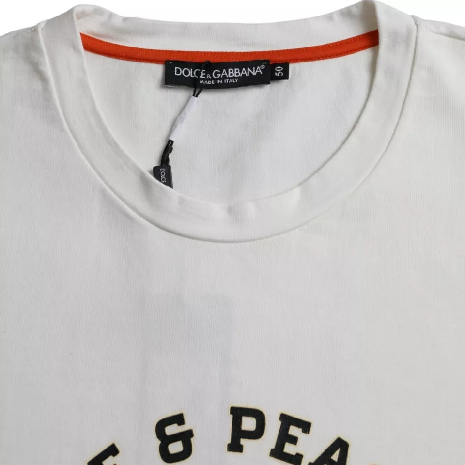 Dolce & Gabbana White Love & Peace Cotton Round Neck T-shirt with minor defect and logo details, front view.