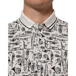 Dolce & Gabbana White Musical Print Collared Polo T-shirt with musical instruments print and button closure.