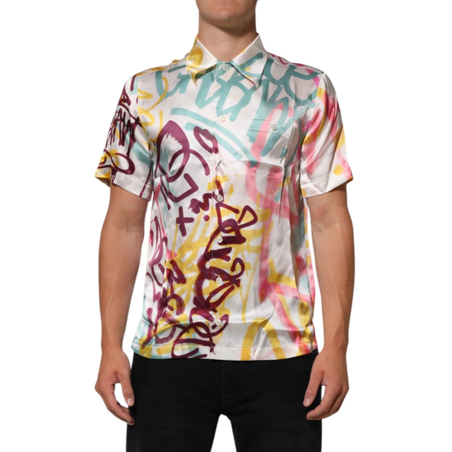 Dolce & Gabbana White Silk Hawaiian Graffiti Print Men Casual Shirt