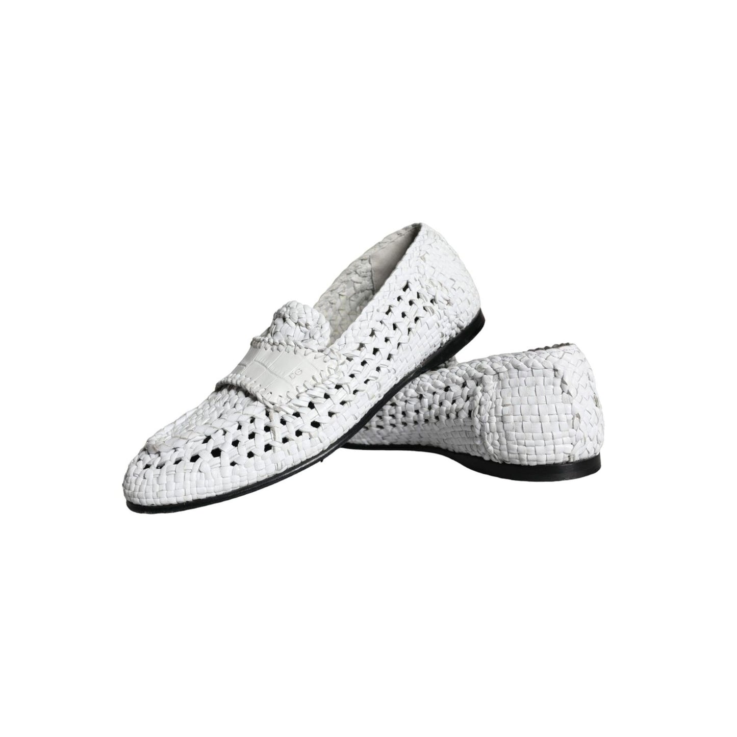 Dolce & Gabbana White Woven Leather Slip On Loafers Men Shoes made of 85% goat leather with slight preowned wear marks, shown on a white background.