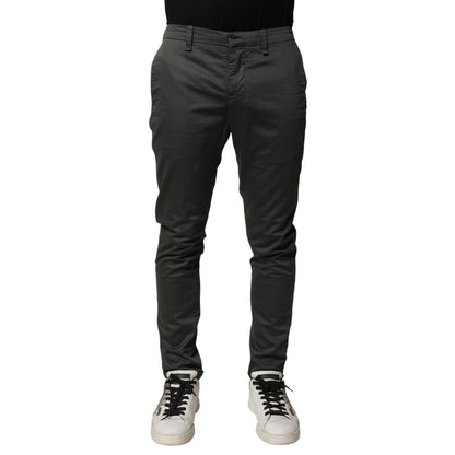 Dondup Dark Gray Cotton Mid Waist Skinny Men Chino Trouser Pants front view showcasing sleek design.