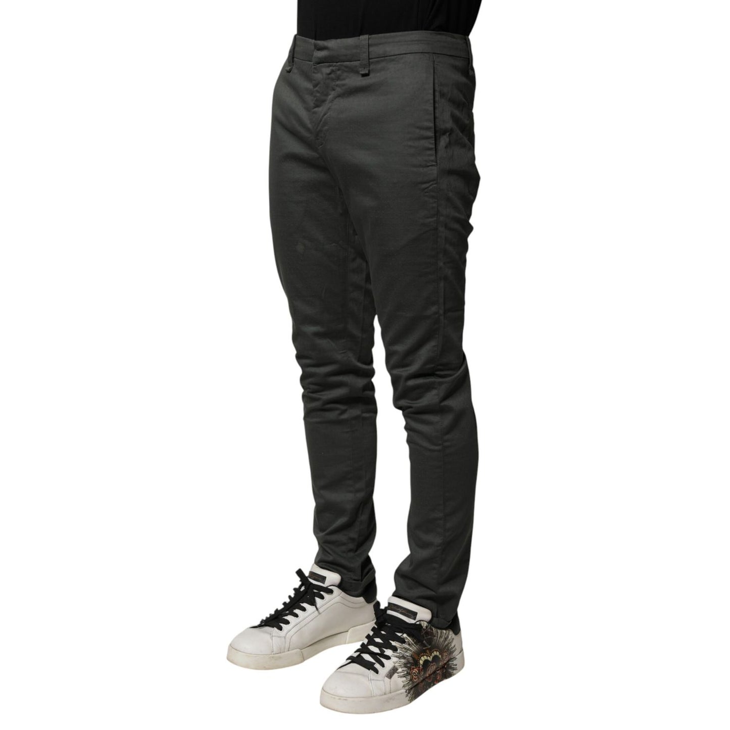 Dondup Dark Gray Cotton Mid Waist Skinny Men Chino Trouser Pants showcased with sneakers for smart-casual style.