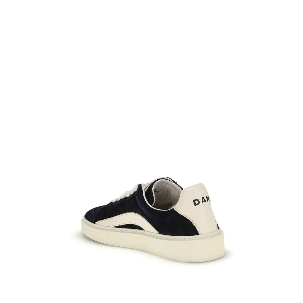 Dsquared² Black Calf Leather Bos Taurus Low Top Sneakers, rear view showing branded heel and flat sole design.