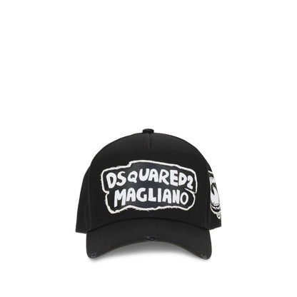 Front view of Dsquared² Black Cotton Cap (Baseball Hat) with contrasting signature and distinctive graphic lettering.