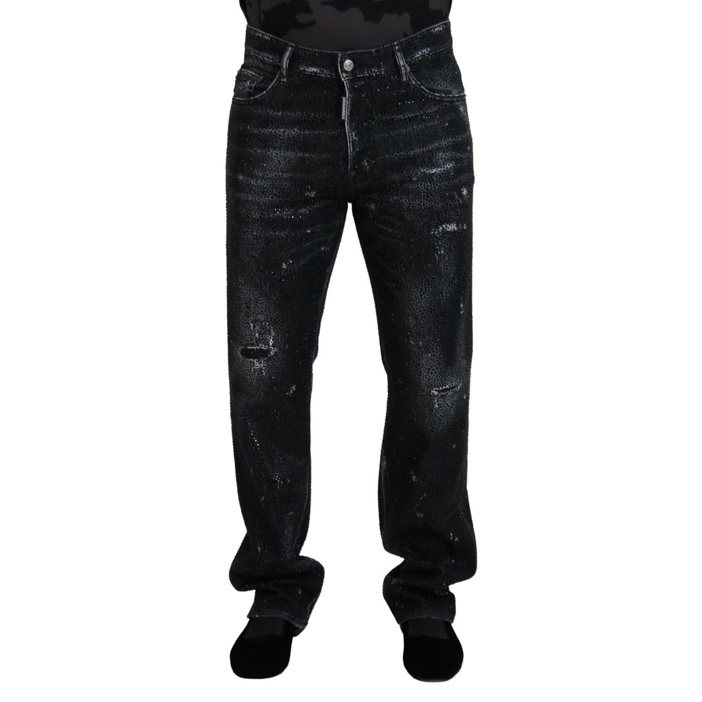 Dsquared² Black Crystal Embellished Tattered Denim Jeans Dsquared²