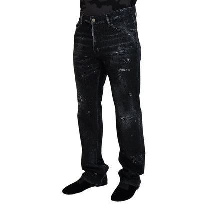 Dsquared² Black Crystal Embellished Tattered Denim Jeans Dsquared²