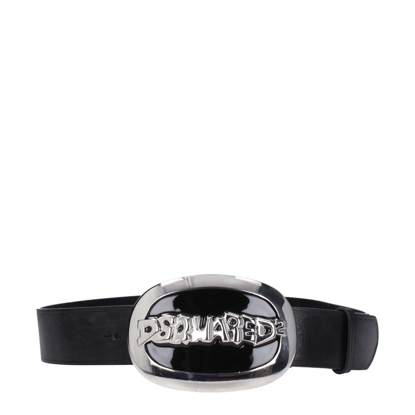 Dsquared² Black Leather Belt with silver buckle, vintage effect, logo, and hook closure, style Country, belt height 4.3 cm.