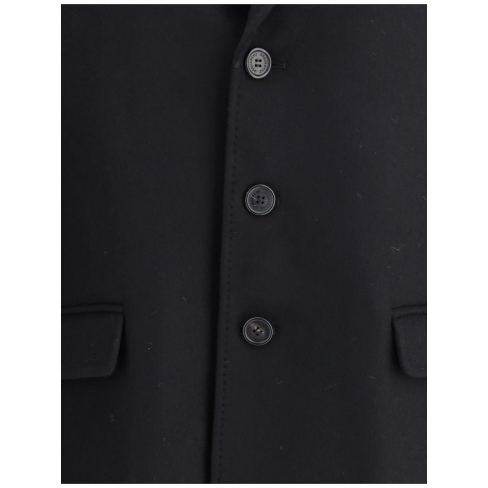 Close-up of Dsquared² Black Wool Coat showing button details and side pockets.
