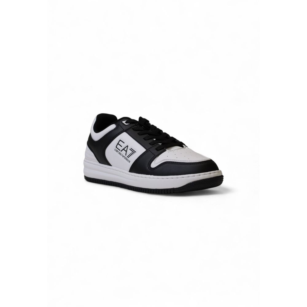 EA7 Emporio Armani Black And White Polyester Athletic Sneakers with rubber sole, side view showing logo design.