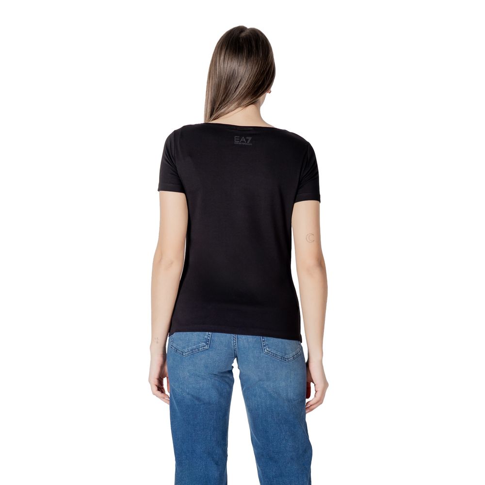 Back view of EA7 Emporio Armani Black Cotton T-Shirt on woman wearing jeans, showcasing modern design and comfortable fit.