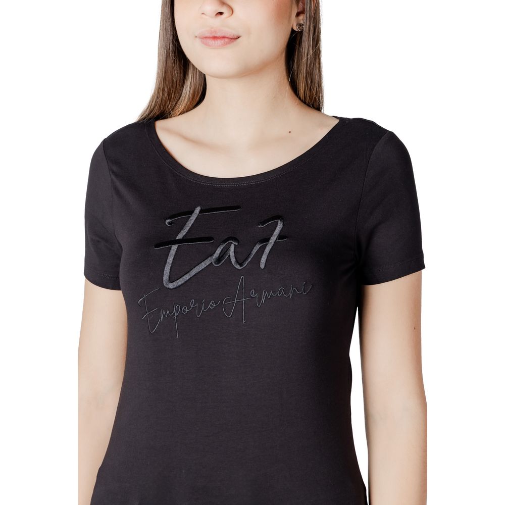 Woman wearing EA7 Emporio Armani Black Cotton T-Shirt with elegant design and fitted style.