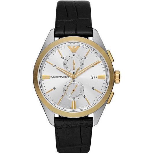 EMPORIO ARMANI MOD. AR11498 gent's watch with stainless steel case, mineral dial, 5 ATM water resistance, and leather strap.