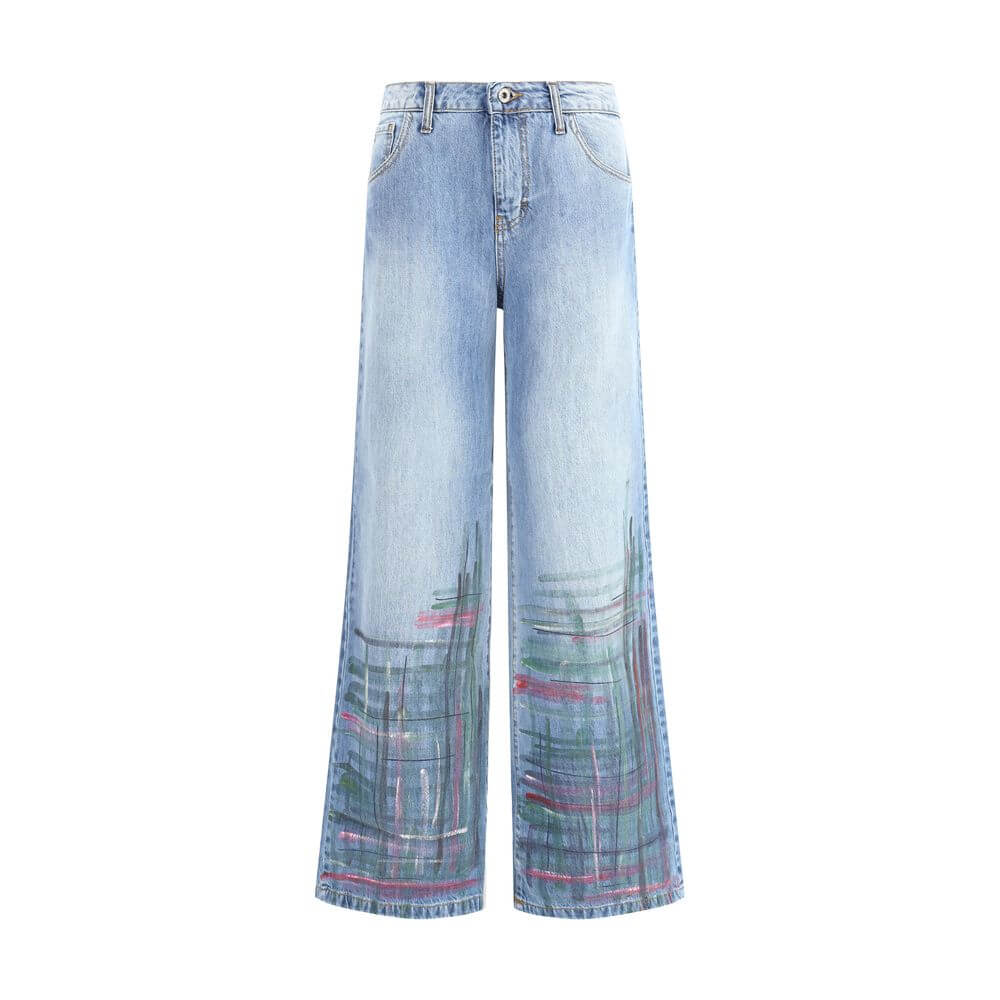 Ella Blue Cotton Jeans Denim with checked paint splatter, wide-leg, slim waist, five-pocket style, AW25, 100% cotton.