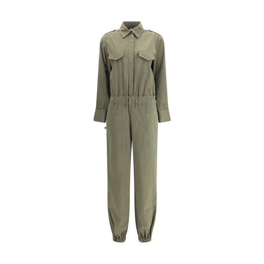 Ella Green Cotton Jumpsuit with button front, classic collar, elastic waistband, and cuffs for a versatile modern look.