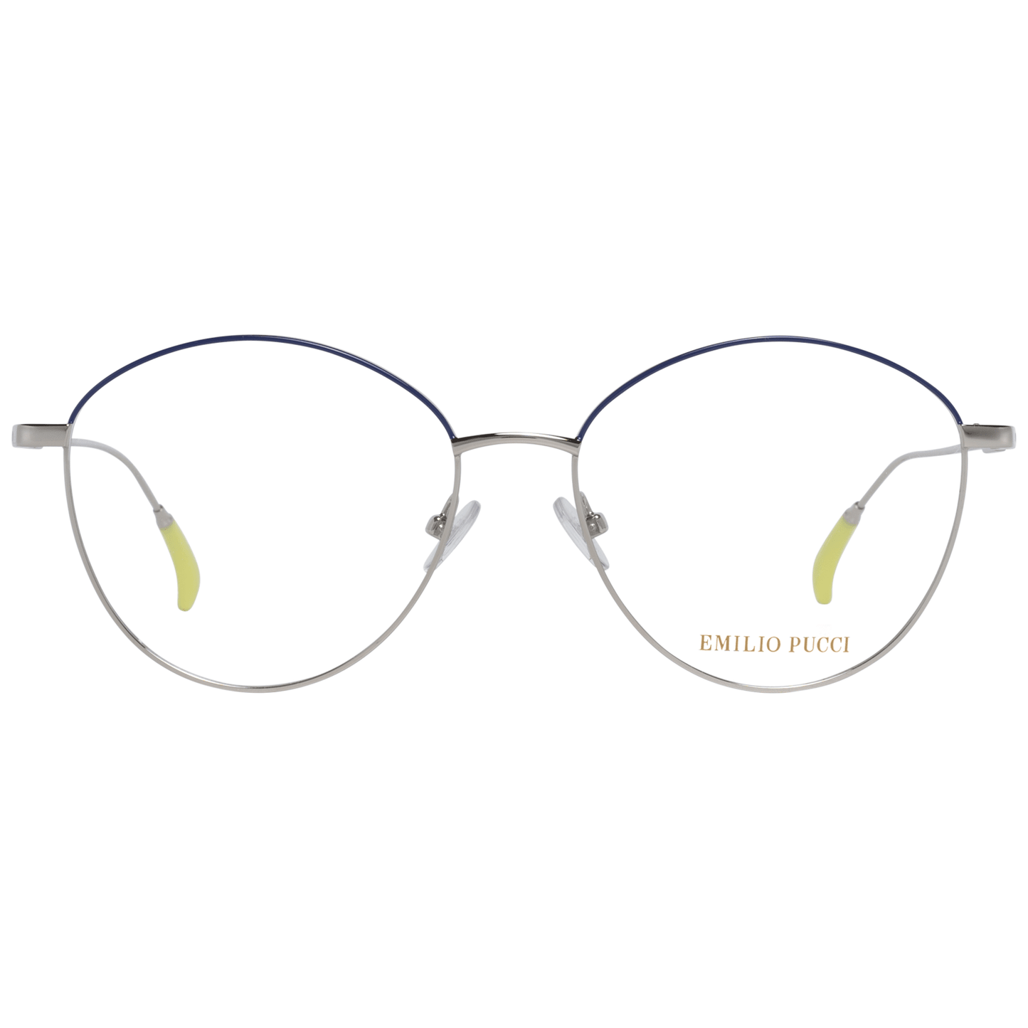 Emilio Pucci Blue Metal Glasses (Frames) with silver full-rim design and branded case included.