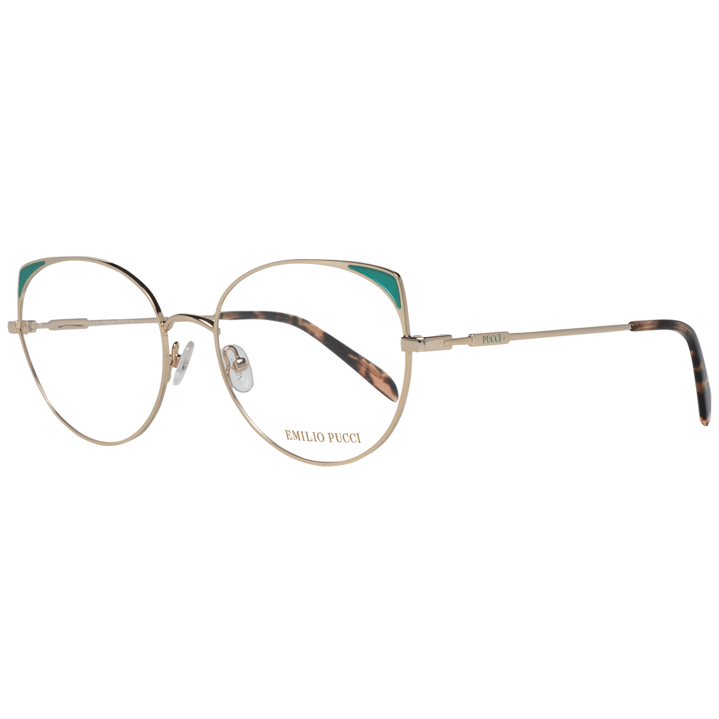 Emilio Pucci Gold Metal Glasses (Frames) for women, full-rim style, gold color, metal frame with 54-17-140 dimensions.