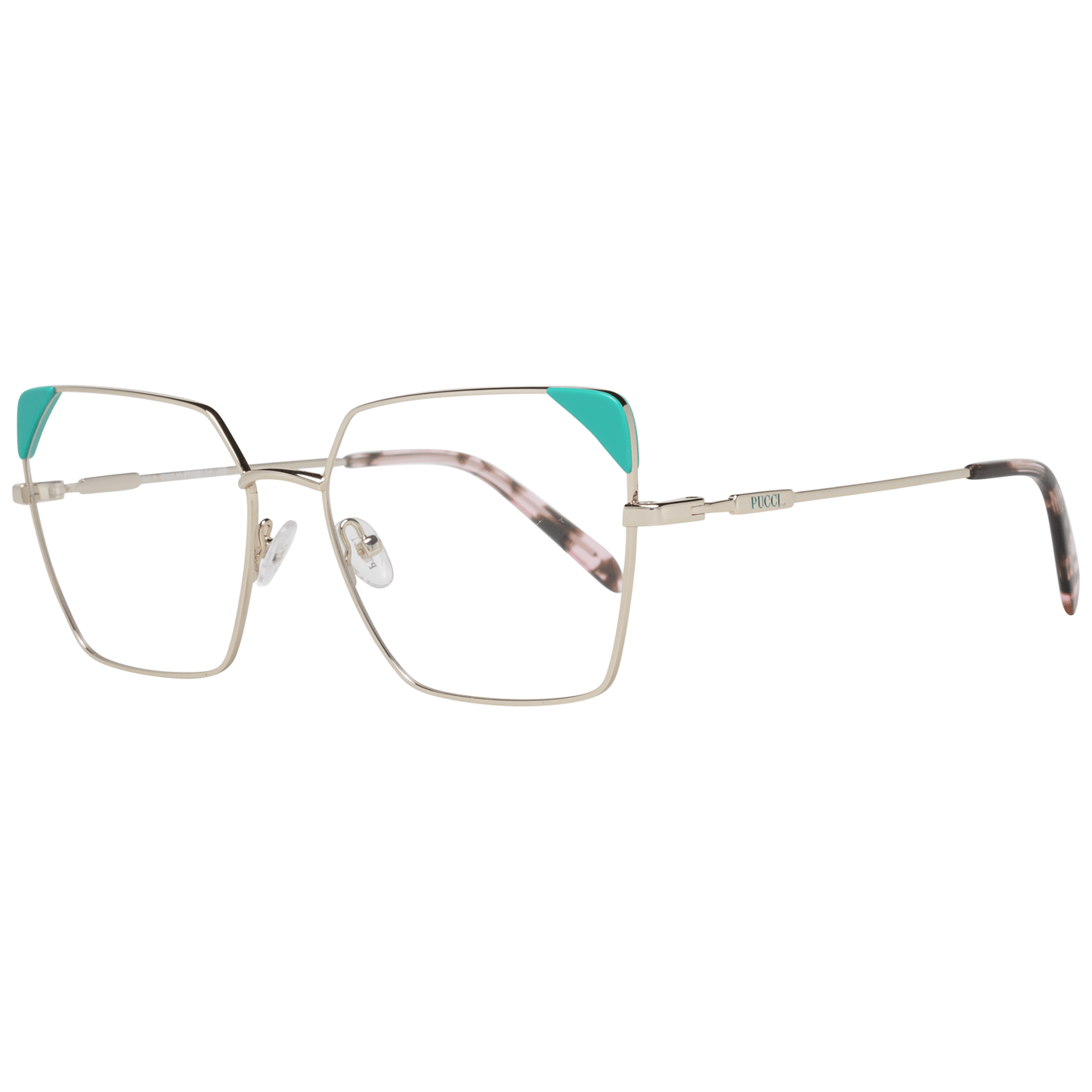 Stylish metal full-rim square eyeglasses with turquoise accents and tortoiseshell arms, ideal for modern fashion enthusiasts.
