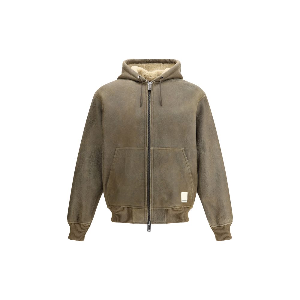 Emporio Armani Brown Lamb Ovis Aries Aries Bomber with adjustable hood and patch pockets.