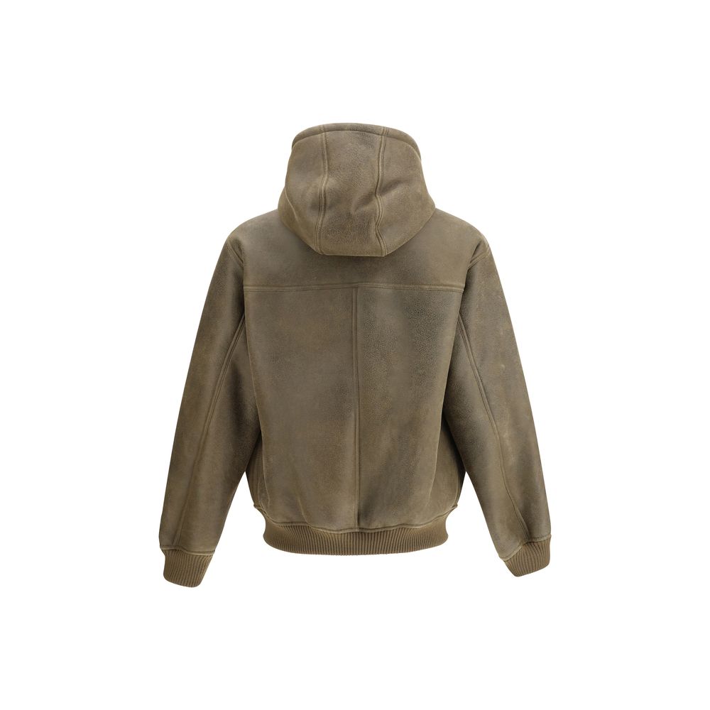 Rear view of Emporio Armani Brown Lamb Ovis Aries Aries Bomber with hood and ribbed cuffs, featuring a smooth leather finish.