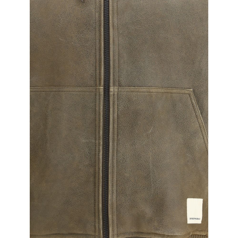 Emporio Armani Brown Lamb Ovis Aries Aries Bomber with front zipper and two patch pockets, featuring logo patch on front.
