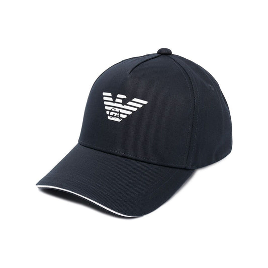 Emporio Armani Logo baseball cap in navy cotton with embroidered logo, adjustable fit. Brim: 7cm, Circumference: 55cm.