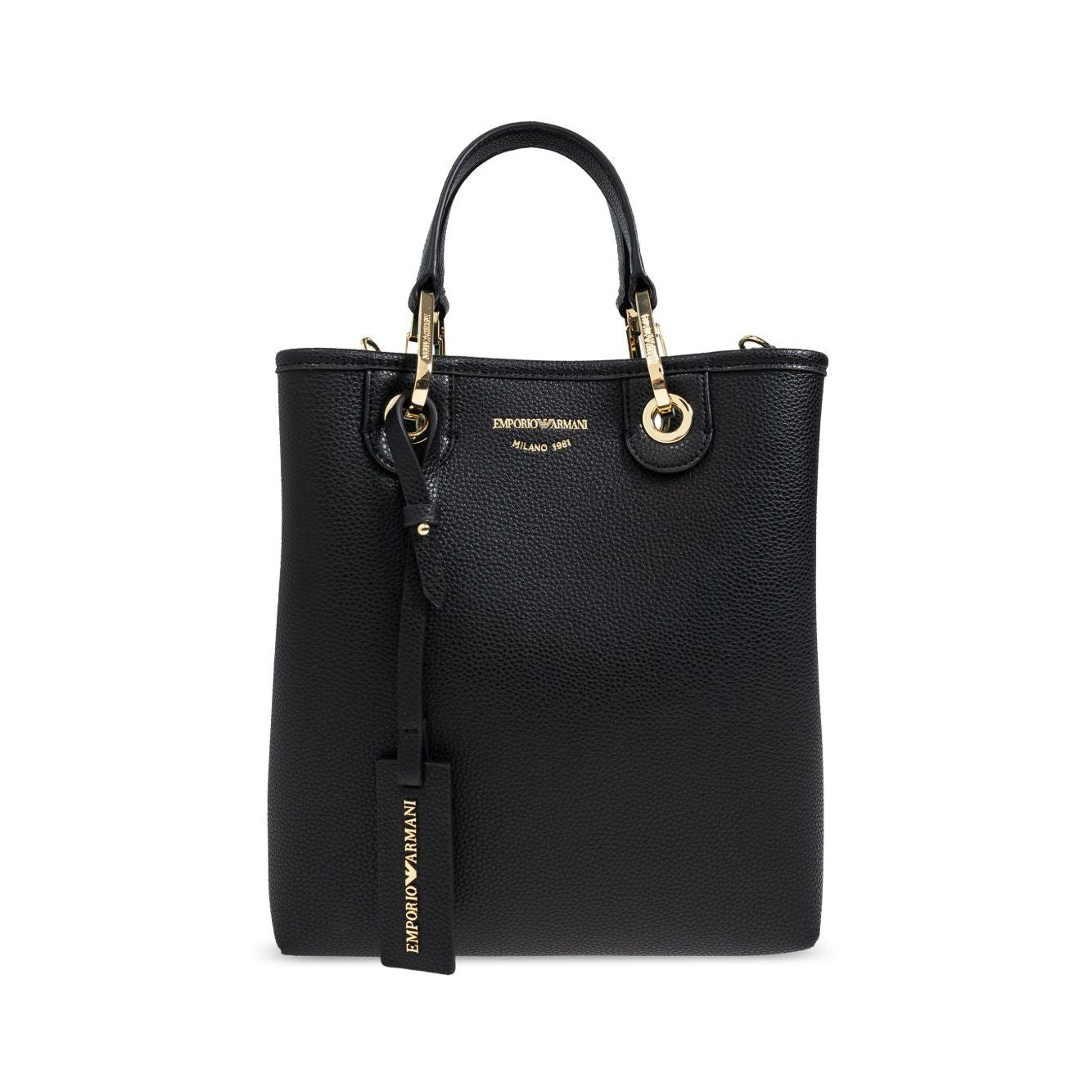 Emporio Armani MyEA shopping bag with black logo print, shoulder strap, top handles, and removable pouch.