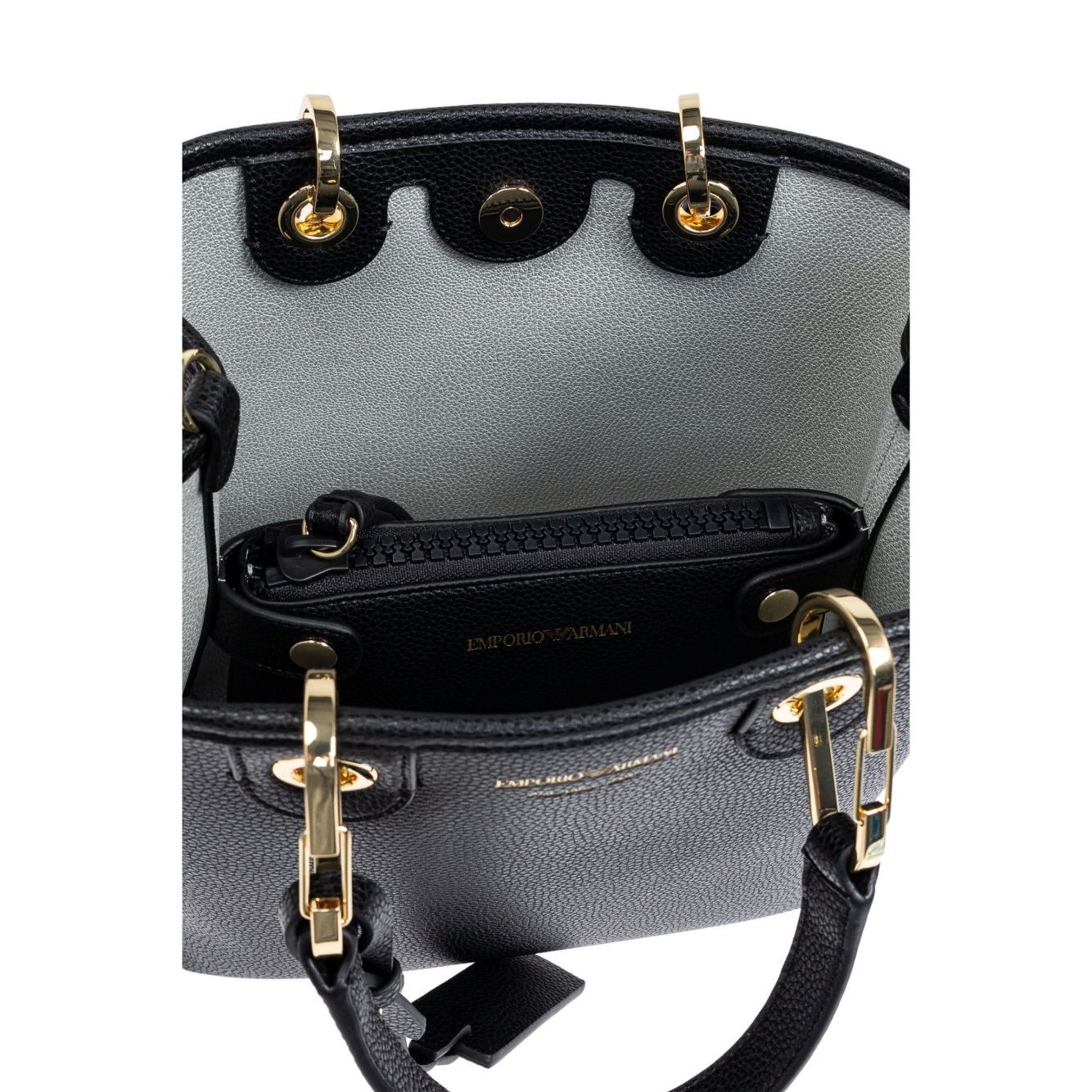 Interior view of Emporio Armani MyEA shopping bag with removable pouch and magnetic fastening