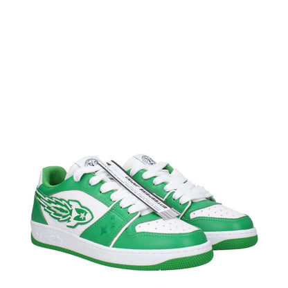 Enterprise Japan Green Leather Low Top Sneakers with front logo and lace-up closure, featuring a casual style and white accents.