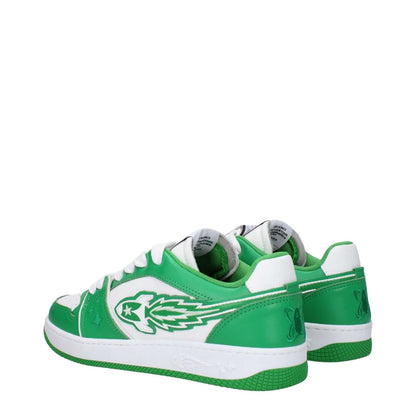 Green and white sneakers showcasing the design details and logo from Enterprise Japan Green Leather Low Top Sneakers.