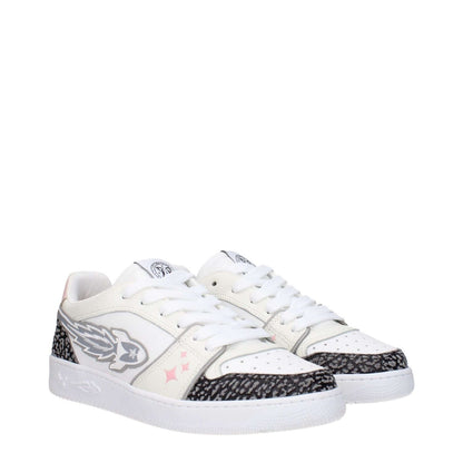 Enterprise Japan White Leather Athletic Sneakers with logo and grey accents, sporty glam style, lace up closure.