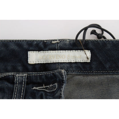 Close-up of Ermanno Scervino Blue Cotton Blend Slim Fit Jeans label and stitching details.