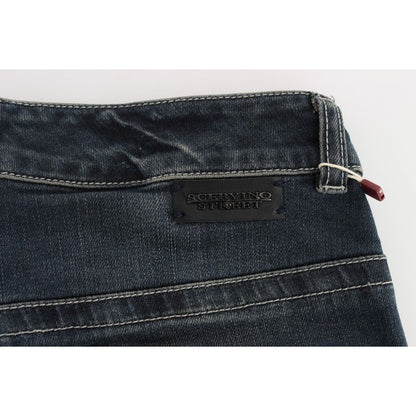 Close-up of Ermanno Scervino Blue Cotton Blend Slim Fit Jeans with tag and detailed stitching.