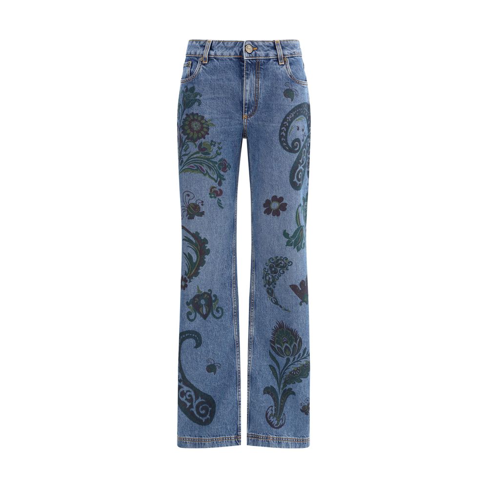 Etro Blue Cotton Flared Jeans featuring flower and bee prints with paisley motifs on cotton denim, five-pocket flared style.
