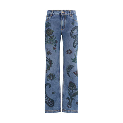 Etro Blue Cotton Flared Jeans featuring flower and bee prints with paisley motifs on cotton denim, five-pocket flared style.