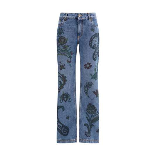 Etro Blue Cotton Flared Jeans featuring flower and bee prints with paisley motifs on cotton denim, five-pocket flared style.
