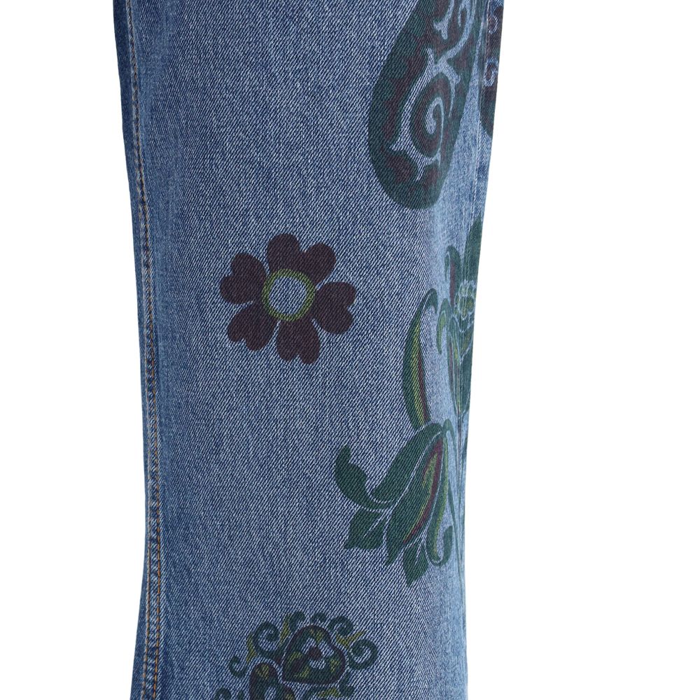 Etro Blue Cotton Flared Jeans with flower and bee print detail showcasing Paisley motifs on denim.