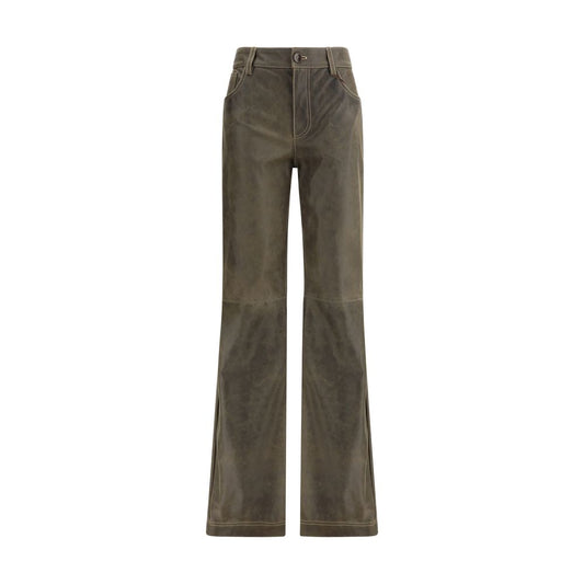 Front view of Etro Brown Leather Pants with mid-rise waist, straight style, zip-and-button closure, and five-pocket design for AW25 season.