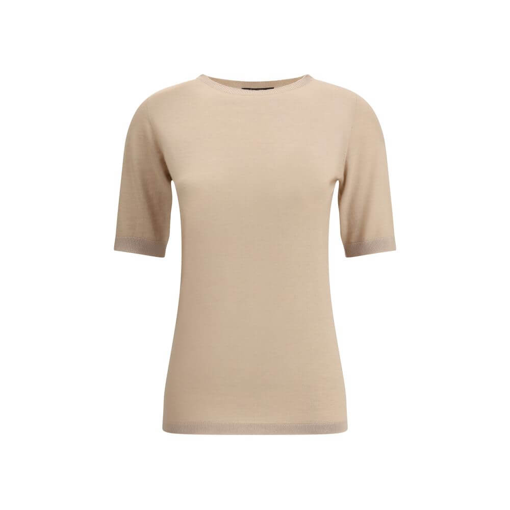 Fabiana Filippi Beige Cashmere T-Shirt, featuring ribbed crew neck and hem, 70% Kashmir and 30% Silk for AW25 season.